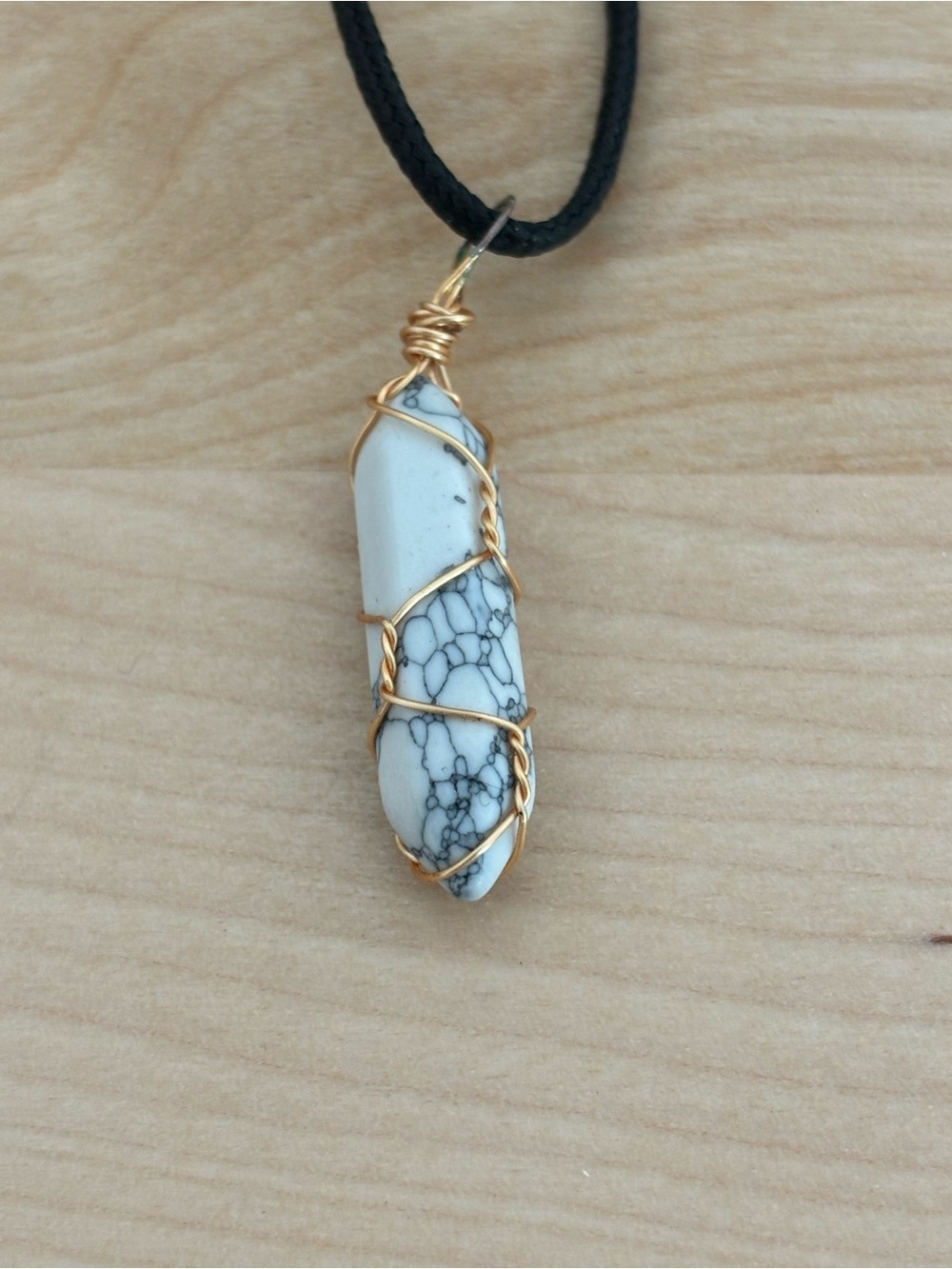 White Howlite healing crystal Pendant Necklace with Gold Wire Wrap